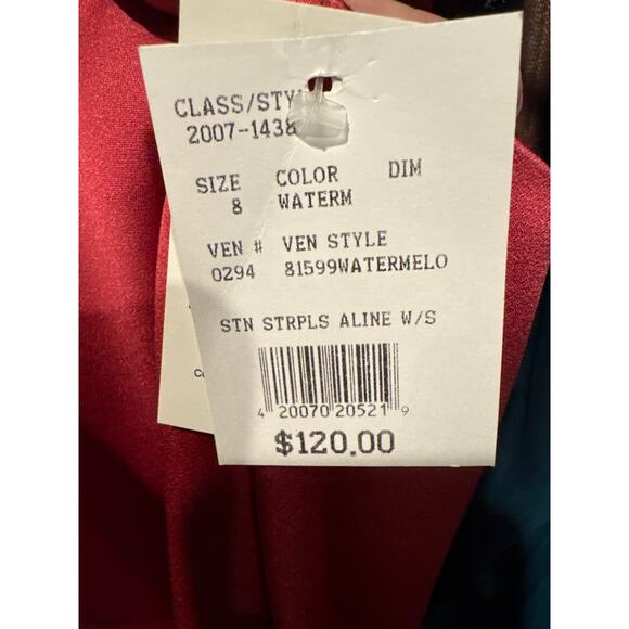 NWT David's Bridal strapless A line satin column maxi gown watermellon 8 - Picture 12 of 15